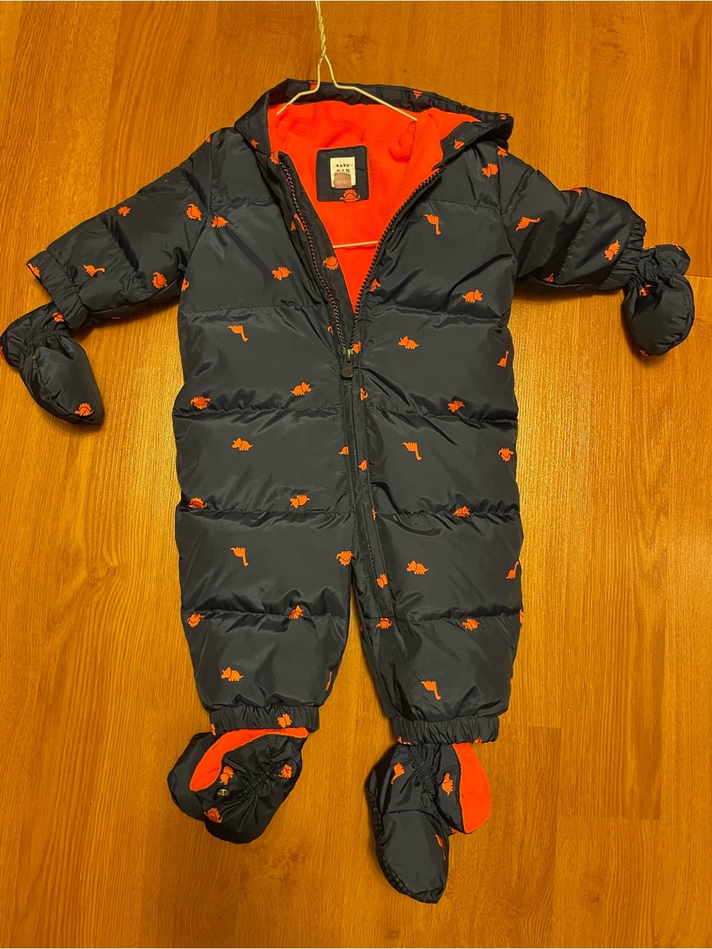 GAP Navy Snowsuit with Orange Lining and Orange Dino Print